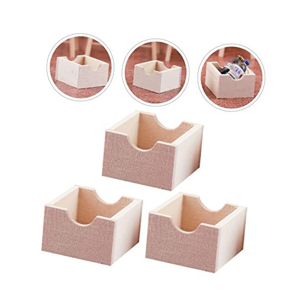 Toyvian 3 Pièces Boite De Rangement en Bois Panier De Salle De Bain Ornement Meubles Panier Garde-Manger Jouets Miniatures Dé