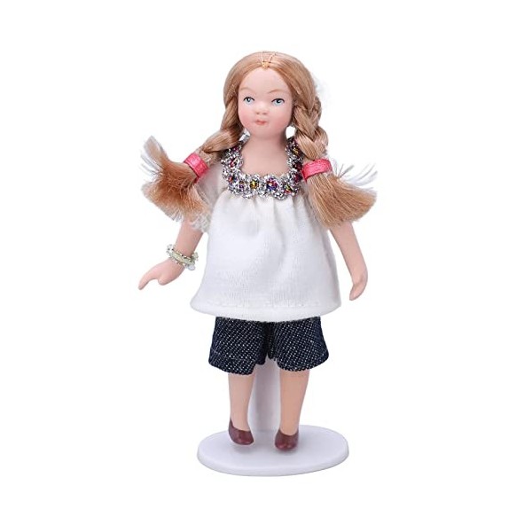 Natudeco 1/12 Échelle Porcelaine Fille Figure Miniature Dollhouse Poupée Accessoires Blond Blanc T Shirt Shorts Fille pour Do