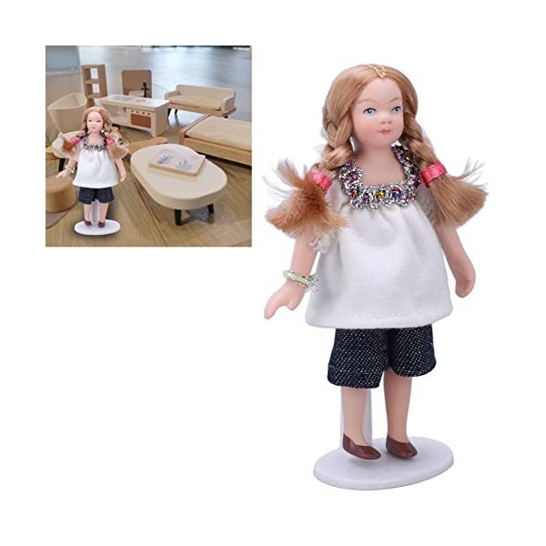 Natudeco 1/12 Échelle Porcelaine Fille Figure Miniature Dollhouse Poupée Accessoires Blond Blanc T Shirt Shorts Fille pour Do