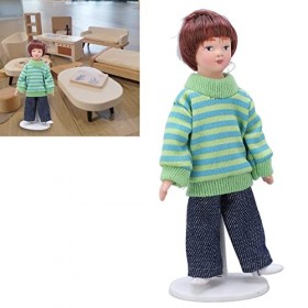 Natudeco Échelle 1:12 Dollhouse Boy Doll Figurines Miniatures de garçon avec Chandail Vert Cheveux Bruns Décoration de Maison