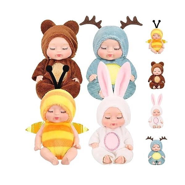 EKKONG Mini poupée émulée,Mini Bebe Reborn,Poupee Reborn endormie,4 Set Mini Poupées Réaliste Bebe, Vêtements Lavables et Int