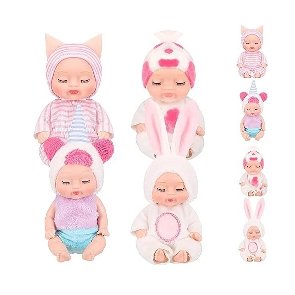 EKKONG Mini poupée émulée,Mini Bebe Reborn,Poupee Reborn endormie,4 Set Mini Poupées Réaliste Bebe, Vêtements Lavables et Int