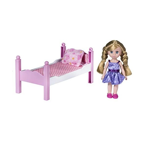 Playkidiz Mini Chambre à coucher de poupée Playset: Preport Play Mini poupée blonde avec lit super-durable, miroir et chaise 