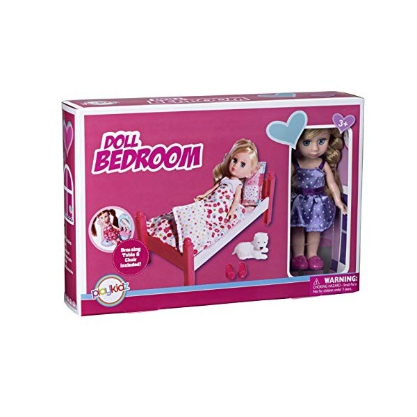 Playkidiz Mini Chambre à coucher de poupée Playset: Preport Play Mini poupée blonde avec lit super-durable, miroir et chaise 