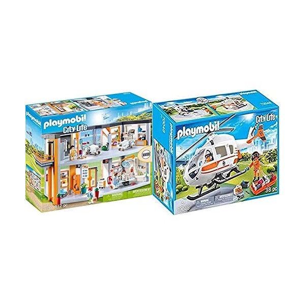 Playmobil - Hélicoptère de Secours - 70048 + Hôpital Aménagé - 70190