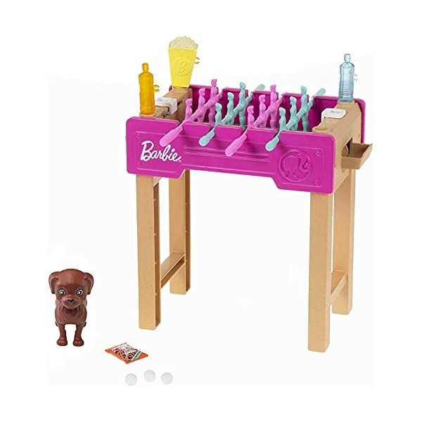 Barbie Mobilier pour poupée coffret Babyfoot avec figurine chien, accessoires inclus, jouet pour enfant, GRG77