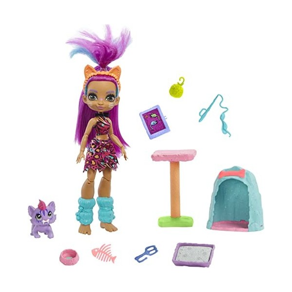 Cave Club coffret Histoire des Cavernes avec poupée Roaralai aux cheveux violets, figurine bébé tigre Ferrell et accessoires,