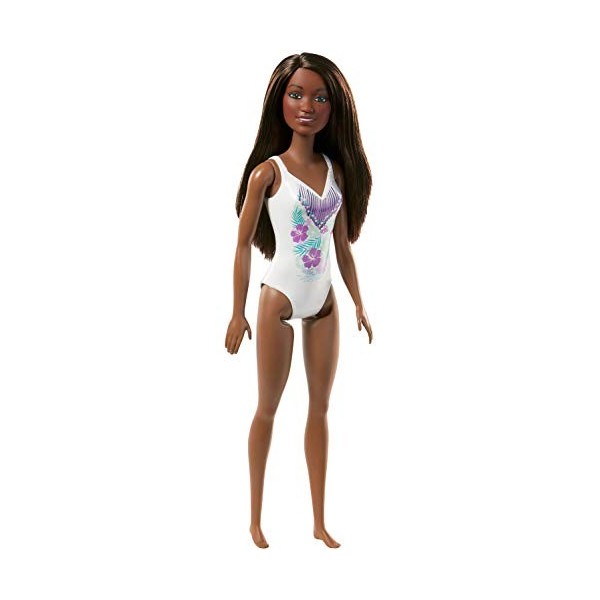 Barbie Plage poupée aux cheveux châtains en maillot de bain une pièce mauve, jouet pour enfant, FJD98