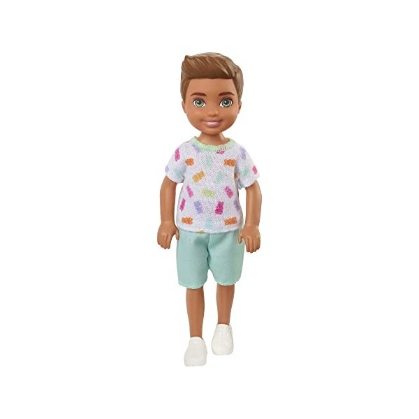 Barbie Chelsea Boy Doll Brunette Colorful Printed T-Shirt, Blue Shorts & White Shoes, Toy for Kids Ages 3 Years Old & Up
