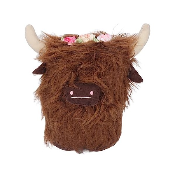 Yreeew Highland Vache en Peluche Poupées de Bétail écossais Ferme Nains Nordiques Nains de Veau avec Fleurs Cadeau de Pépiniè