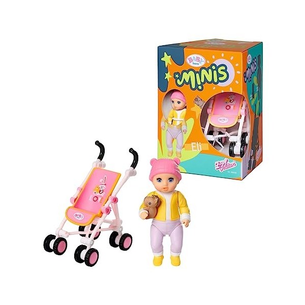 BABY born Minis Set avec Poussette & Eli 906156 - Poupée de 6,5 cm avec accessoires exclusifs et 1 corps mobile pour un jeu r