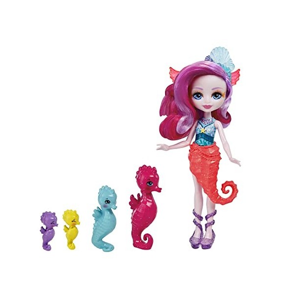 Enchantimals Royaume de l’océan Coffret famille de Sedda Hippocampe avec mini-poupée Sedda et 4&nbsp;mini-figurines hippocampes, j