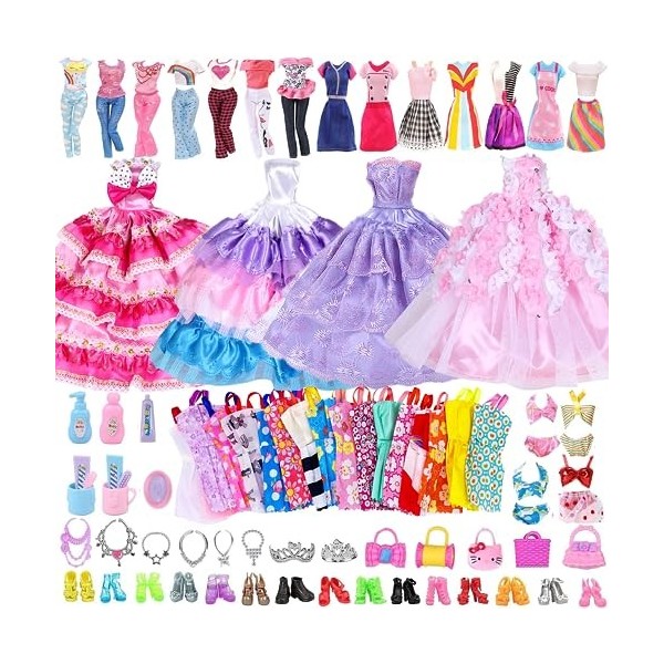 Lot de 65 vêtements et accessoires de poupée compatibles avec les vêtements Barbie, 13 robes + 5 sacs à main + 20 chaussures 