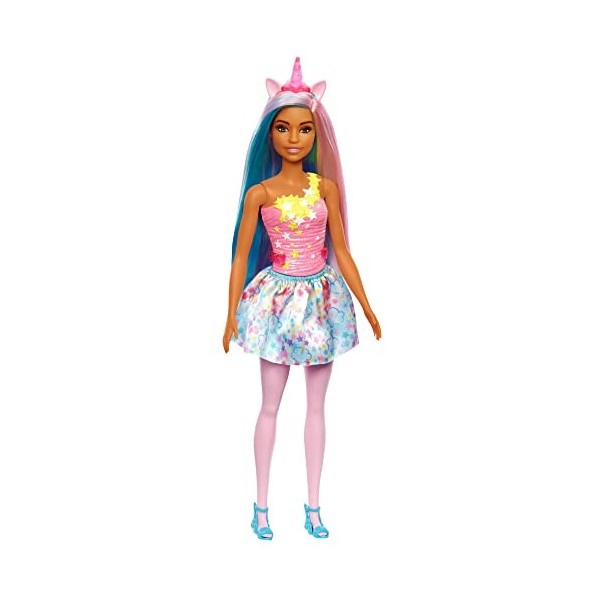 Barbie Poupée Licorne Dreamtopia Cheveux Bleus et Roses avec Jupe, avec Queue et Serre-Tête de Licorne Amovibles, Jouet Enf