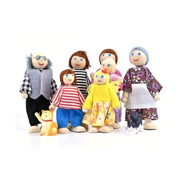 Jzszera Maison de poupée en bois avec 7 figurines et 2 animaux de compagnie, poupées familiales petites figurines jouets pour