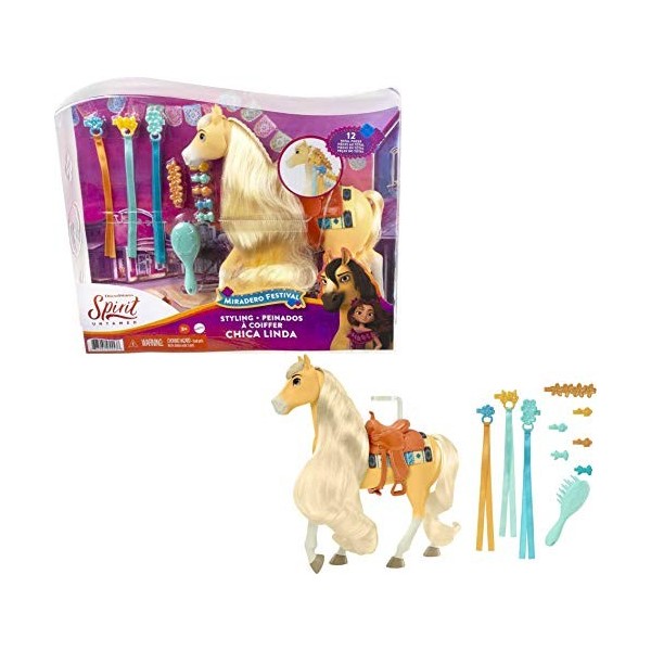 ​Spirit Lindomptable, coffret Miradero figurine cheval Chica Linda avec longue crinière à coiffer et accessoires fidèles au 