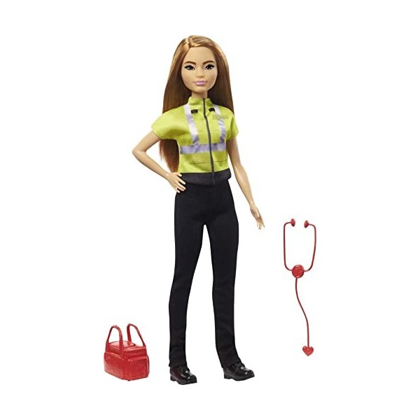 Barbie Métiers poupée Ambulancière brune en tenue de secouriste avec stéthoscope et sacoche, jouet pour enfant, GYT28