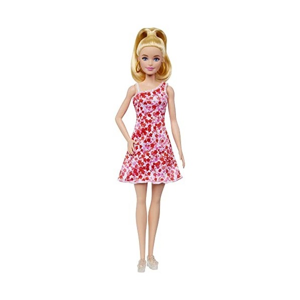 Barbie Fashionistas N°205, Poupée Mannequin Blonde avec Queue De Cheval, Robe À Fleurs Rose Et Rouge, Sandales Compensées Et 