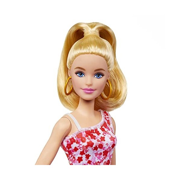 Barbie Fashionistas N°205, Poupée Mannequin Blonde avec Queue De Cheval, Robe À Fleurs Rose Et Rouge, Sandales Compensées Et 