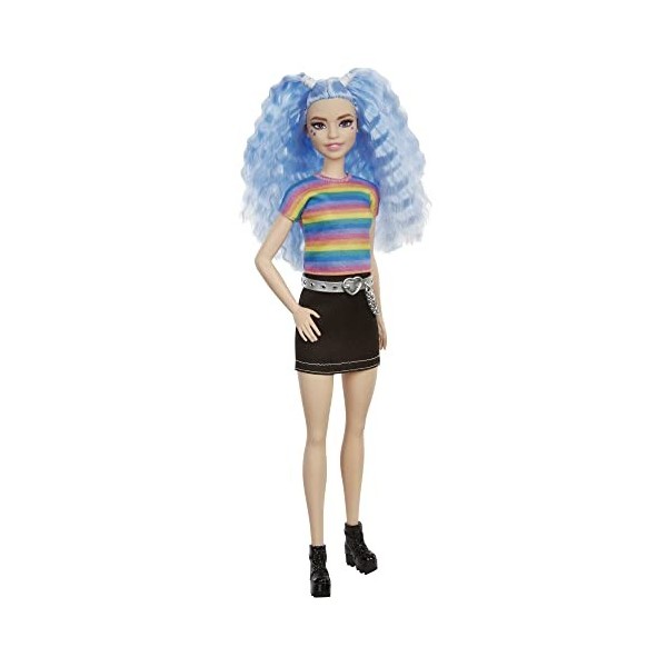 Barbie Fashionistas poupée mannequin 170 aux cheveux bleus avec tee-shirt arc-en-ciel et jupe en jean, jouet pour enfant, GR