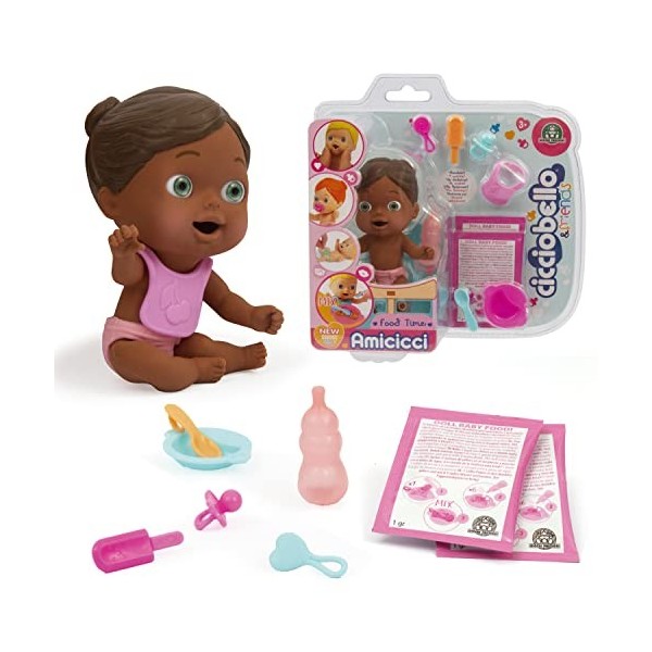 CICCIOBELLO Amicicci, Bébé avec Set Repas et Accessoires, Modèle Fille Afro Style, Jouet pour Enfants dès 3 Ans, GIOCHI PREZI