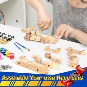 Voiture de Course Bricolage Kit pour Enfant, 3 Pièces Voiture en Bois Activite Manuelle pour Construire et Peindre, Jeu Brico