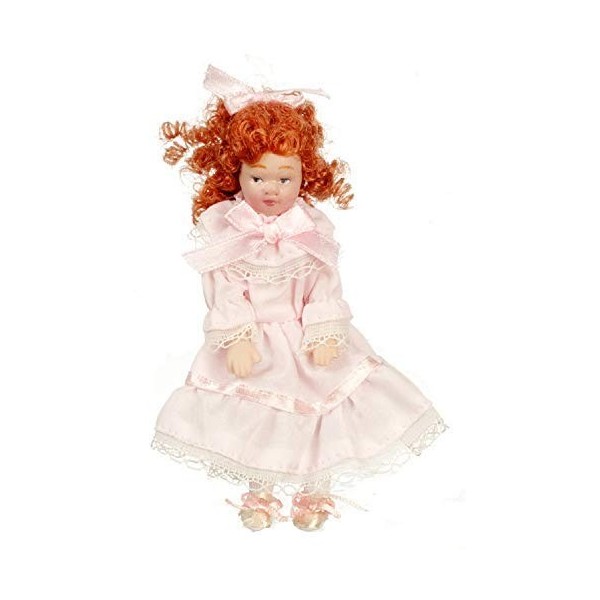 Melody Jane Maison de Poupées Victorien Petite Fille avec Boucles en Robe Rose Porcelaine Personnages