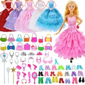 Lot de 55 vêtements Barbie pour poupées et accessoires Barbie, y compris 5 robes de mariée, 20 chaussures, 20 accessoires, 5 