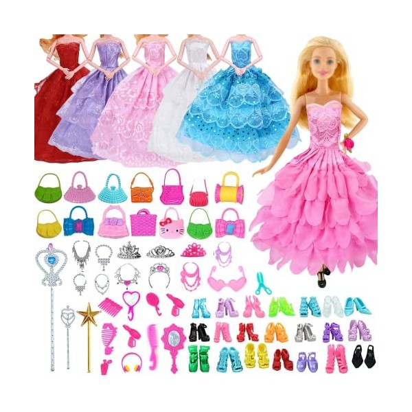 Lot de 55 vêtements Barbie pour poupées et accessoires Barbie, y compris 5 robes de mariée, 20 chaussures, 20 accessoires, 5 