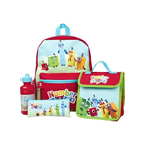 Numberblocks Sac à dos pour enfant 4 pièces comprenant sac à déjeuner, bouteille deau et trousse, Rouge