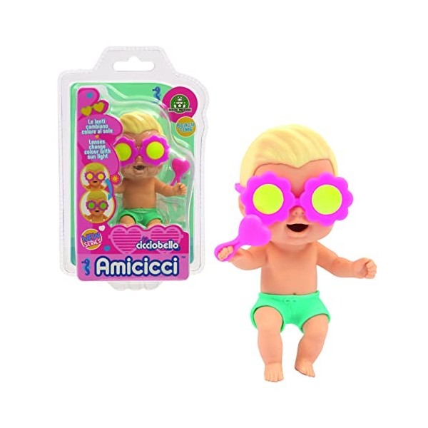 CICCIOBELLO Amicicci, Bébé avec Expressions rigolotes, Série Plage, Lunettes changent de Couleur et Accessoires, Modèle Fille