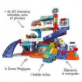 VTech - Tut Tut Bolides Série Pro, Maxi Garage Interactif avec Voiture Dépanneuse Iris à votre Service, Garage Voitures, 6 Zo