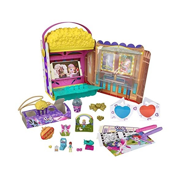 Polly Pocket coffret Popcorn Surprises, mini-cinéma, mini-figurines Polly et Lila et plus de 15 accessoires, jouet pour enfan