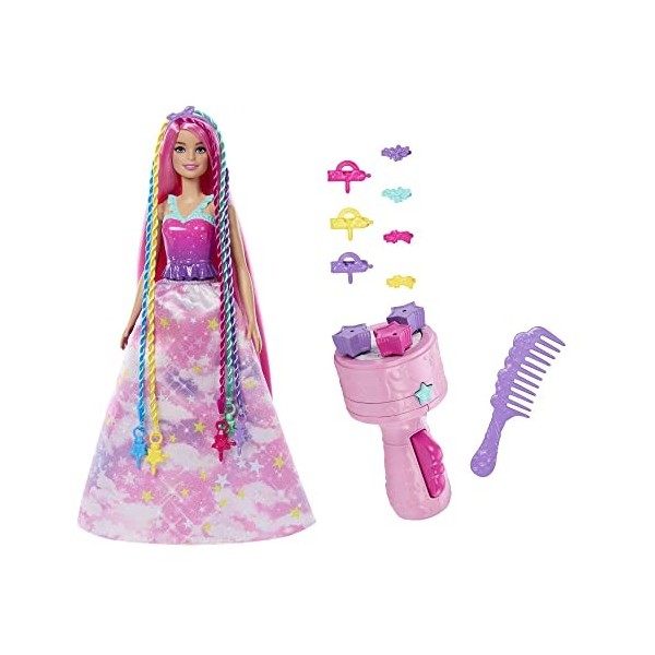 Barbie Coffret Princesse Tresses Magiques avec poupée mannequin, appareil à tresses, extensions de cheveux arc-en-ciel et acc