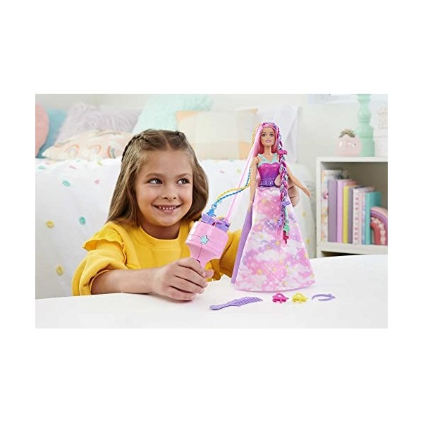 Barbie Coffret Princesse Tresses Magiques avec poupée mannequin, appareil à tresses, extensions de cheveux arc-en-ciel et acc