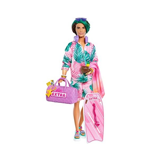 Barbie Poupée Articulée Extra Cool Voyage Avec Tenue De Plage, Chapeau, Tunique Tropicale, Sac Oversize Et Autres Accessoires