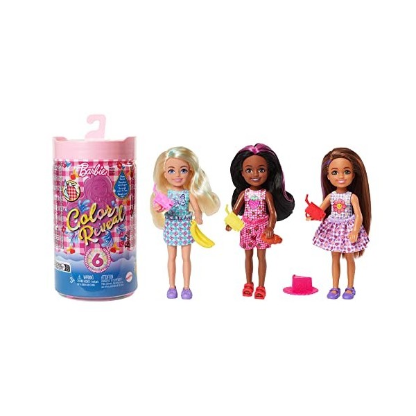 Barbie Assortiment de poupées Mannequin Chelsea Color Reveal avec 6 surprises et changement de couleur, série Picnic, Jouet E
