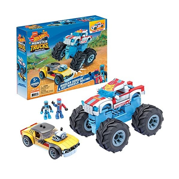 Mega Construx Hot Wheels Monster Trucks Rodger Dodger & Racing, jeu de voitures et de briques de construction, 251 pièces, po