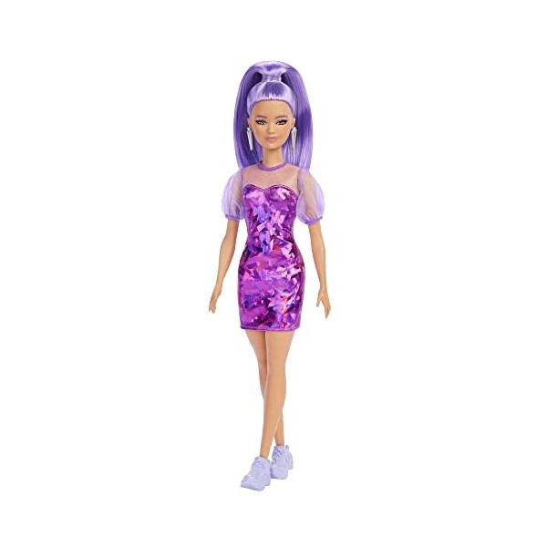 Barbie Fashionistas poupée mannequin 178 aux cheveux longs violets avec robe violette irisée et baskets violettes, jouet pou