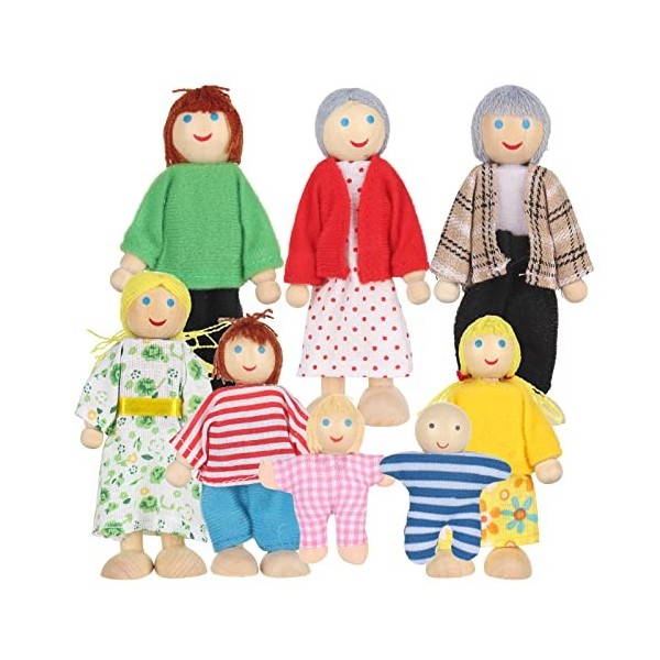 Jooheli Famille Poupées, Famille De Poupées en Bois, Personnage Maison de Poupee, Set de 8 Menbres de Poupée en Bois pour Mai