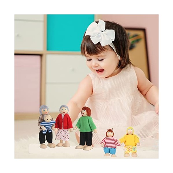 Jooheli Famille Poupées, Famille De Poupées en Bois, Personnage Maison de Poupee, Set de 8 Menbres de Poupée en Bois pour Mai