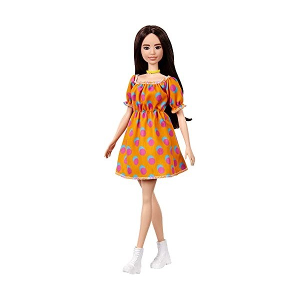 Barbie Fashionistas poupée mannequin 160 aux longs cheveux bruns et avec une robe orange à pois roses et bleus, jouet pour e