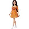 Barbie Fashionistas poupée mannequin 160 aux longs cheveux bruns et avec une robe orange à pois roses et bleus, jouet pour e
