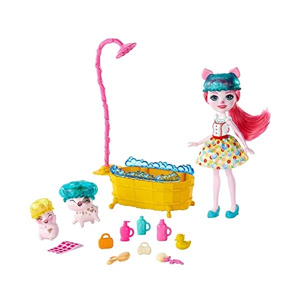 Enchantimals Coffret Heure du bain, mini-poupée Petya Truie et figurines animales Streusel et Nisha, accessoires inclus, joue