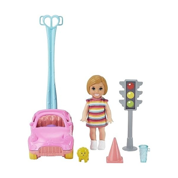 Barbie Famille Skipper baby-sitter coffret Voiture avec mini-poupée fille, feu tricolore et accessoires, jouet pour enfant, G