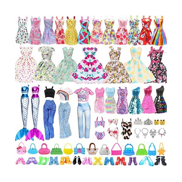 41Pcs Vêtements & Accessoires de Poupée 3 Robes Fleurs 2 Robes Paillettes 1 Robes de Sirène 2 Tenues 3 Bikinis 10 Mini Robes 