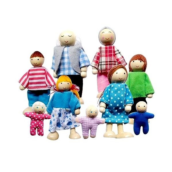 DAJASD Ensemble de Famille de Poupées, 9 Pièces Ensemble de Famille de Maison de Poupée Mobile, Jouets en Bois Familles de Po