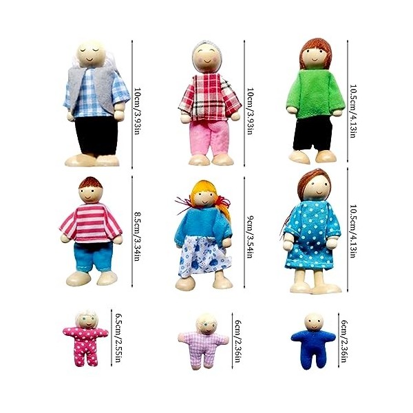 DAJASD Ensemble de Famille de Poupées, 9 Pièces Ensemble de Famille de Maison de Poupée Mobile, Jouets en Bois Familles de Po