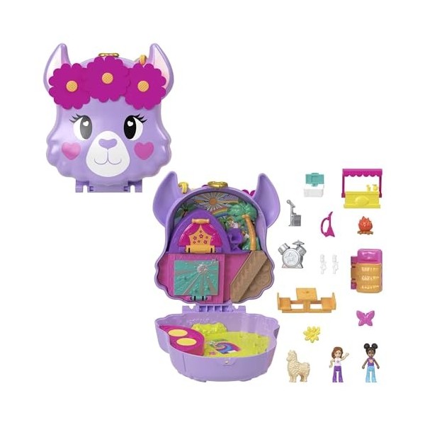 Polly Pocket Mini-Univers Coffret Aventures Du Lama Avec 2 Mini-Figurines Et 13 Accessoires, Jouets De Voyage, Jouet Enfant, 