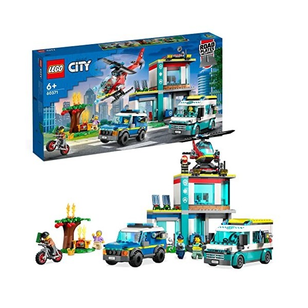 LEGO 60371 City Le QG des Véhicules d'Urgence, avec Hélicoptère de